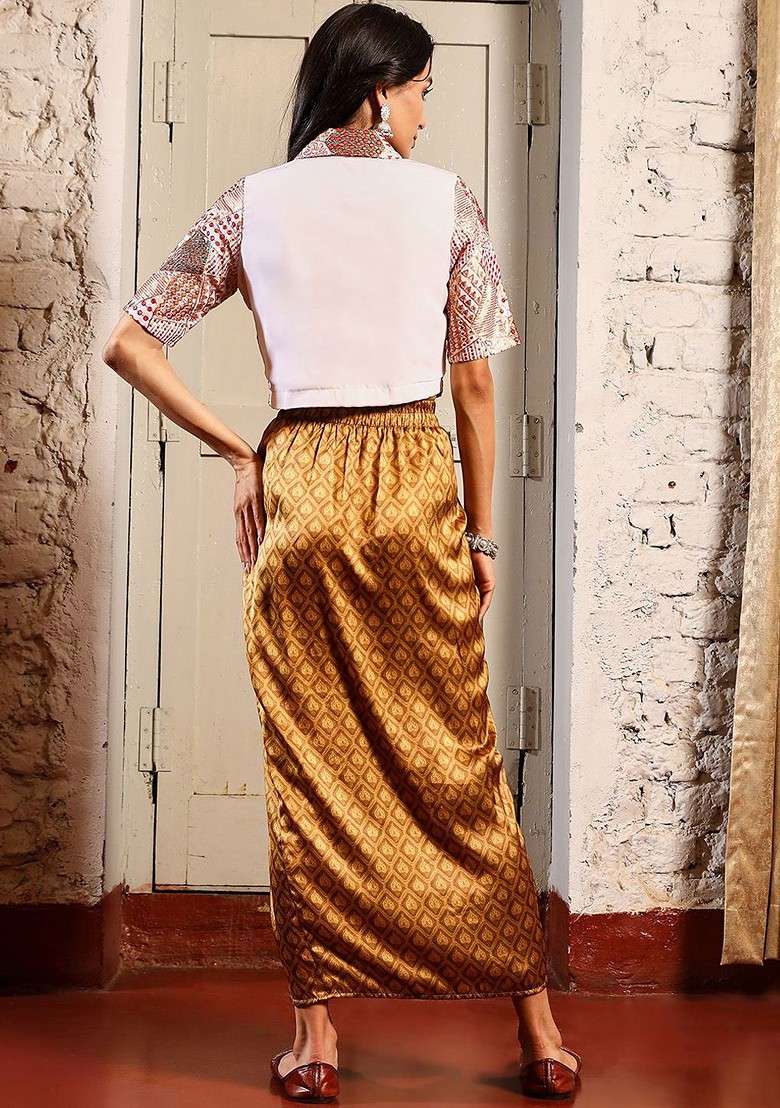 White Embroidered Shirt Collar Top With Skirt - Indya