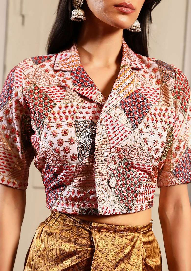 White Embroidered Shirt Collar Top With Skirt - Indya