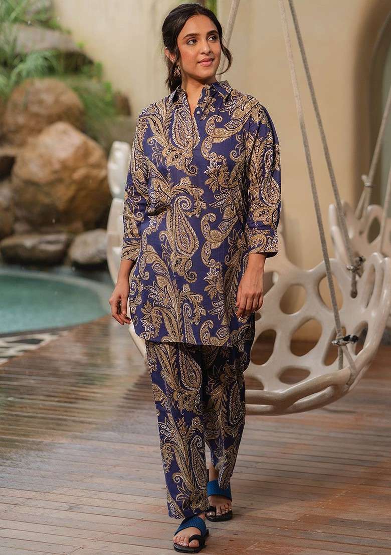 Navy Blue Paisley Printed Shirt Collar Threequarter Sleeves Top With Trouser - Indya