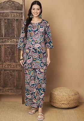 Blue Paisley Printed Pure Cotton Top With Trouser
