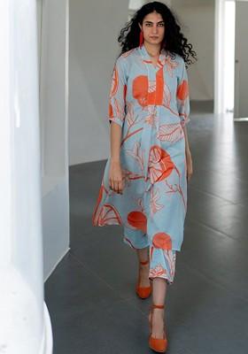 Blue Floral Printed Vneck Regular Kurta With Trouser Coords