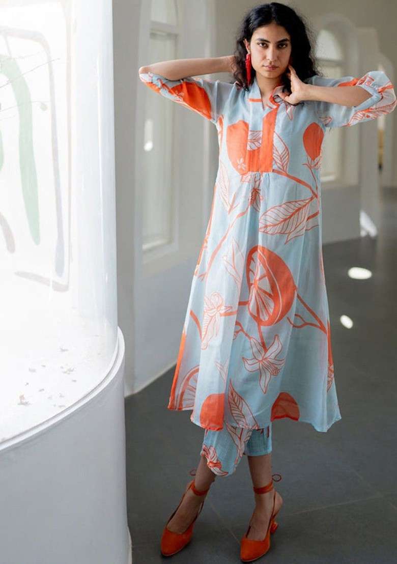 Blue Floral Printed Vneck Regular Kurta With Trouser Coords - Indya