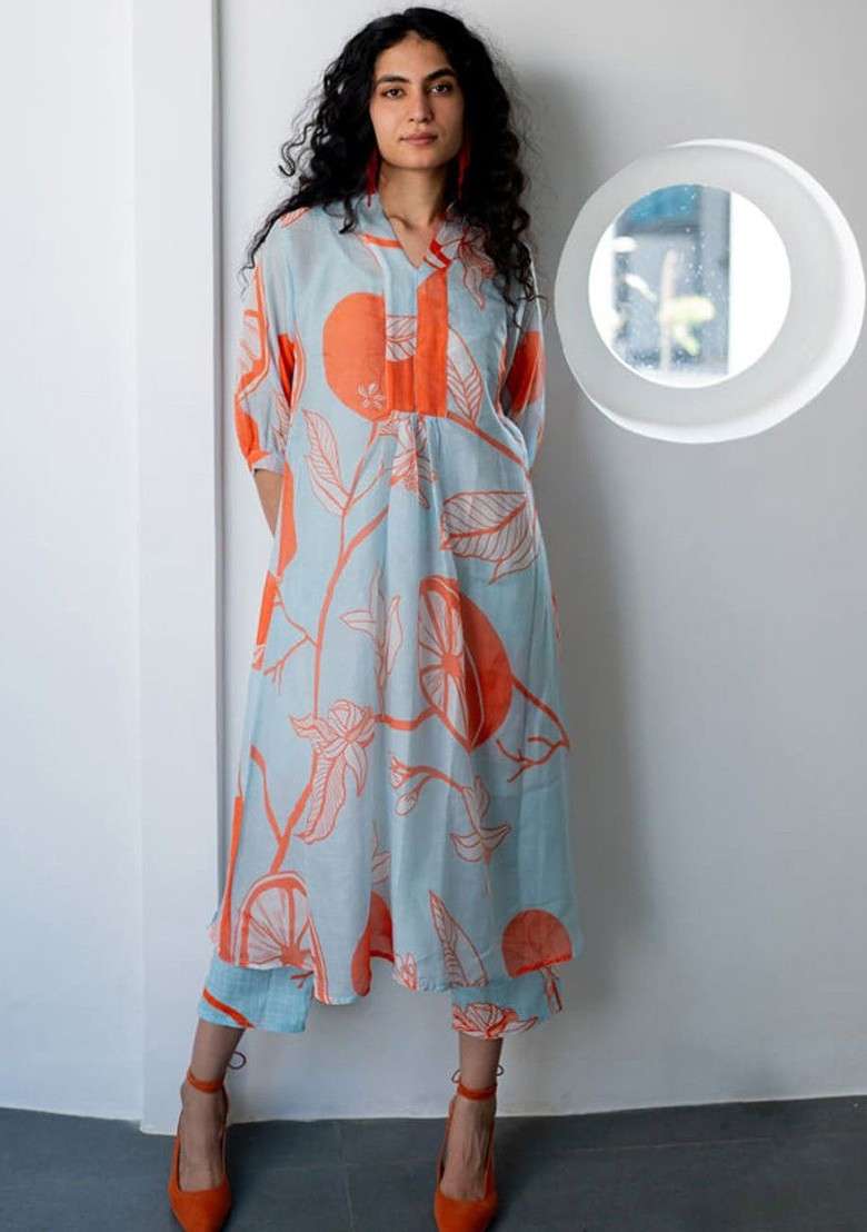 Blue Floral Printed Vneck Regular Kurta With Trouser Coords - Indya