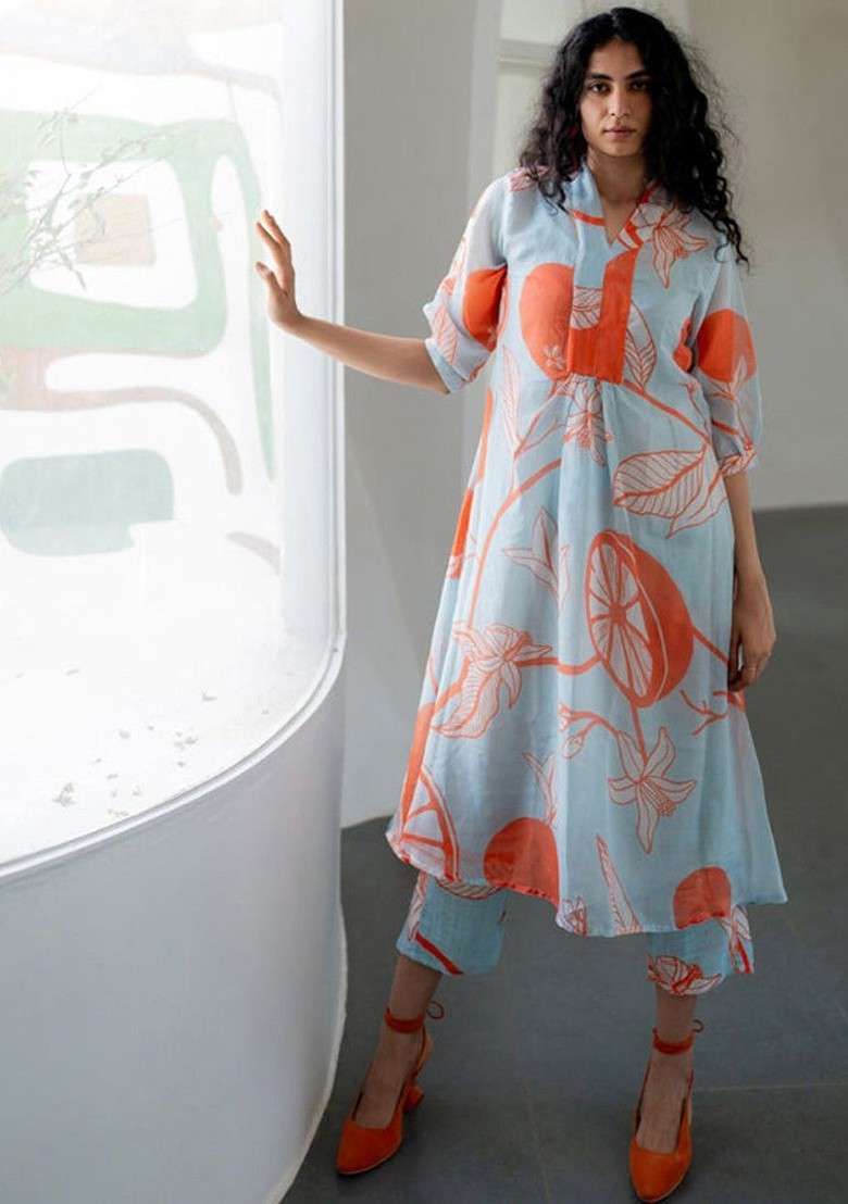 Blue Floral Printed Vneck Regular Kurta With Trouser Coords - Indya
