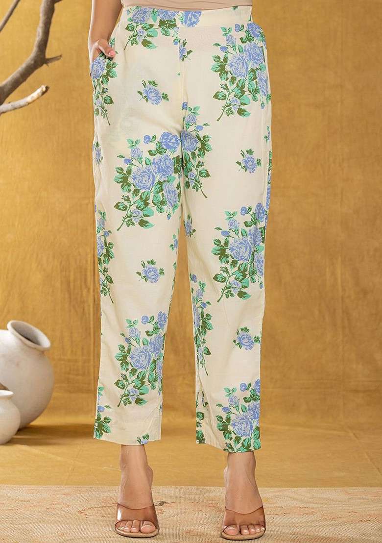 Cream Floral Printed Pure Cotton Tunic With Trousers - Indya