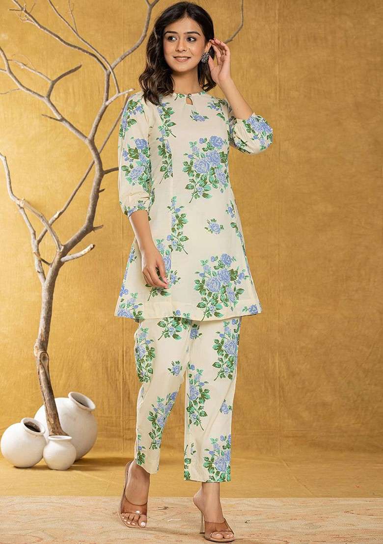 Cream Floral Printed Pure Cotton Tunic With Trousers - Indya