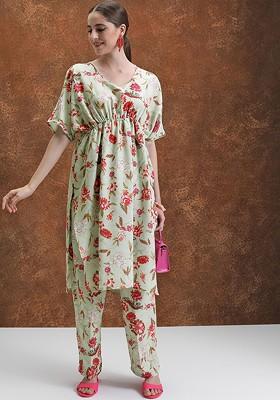 Lime Green Lime Green Floral Printed Extended Sleeves Kaftan Tunic With Trousers