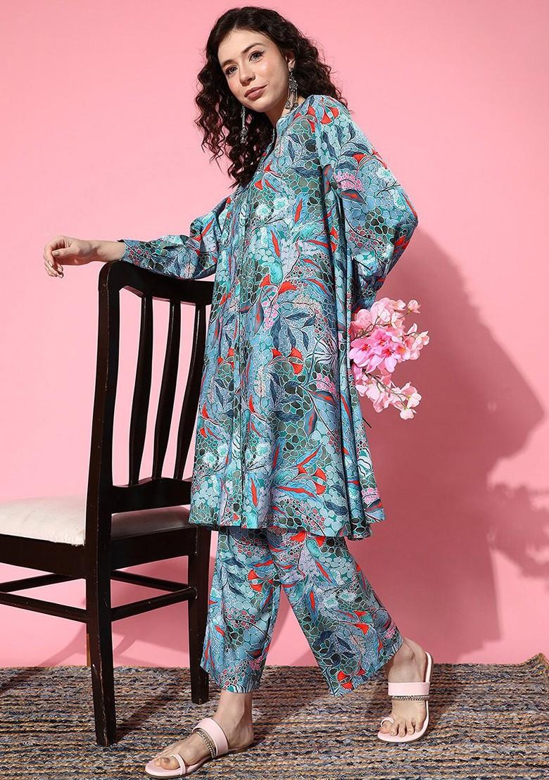 Blue Ethnic Motifs Printed Tunic With Trousers - Indya