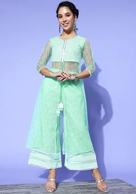 Sea Green Sea Green Floral Printed Mirror Work Detailed High Slit Aline Tunic With Palazzo