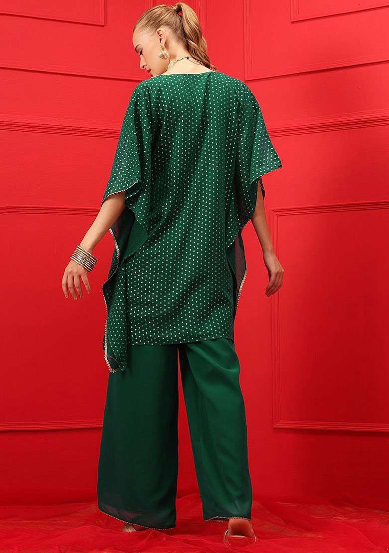Green Printed Top And Palazoo - Indya