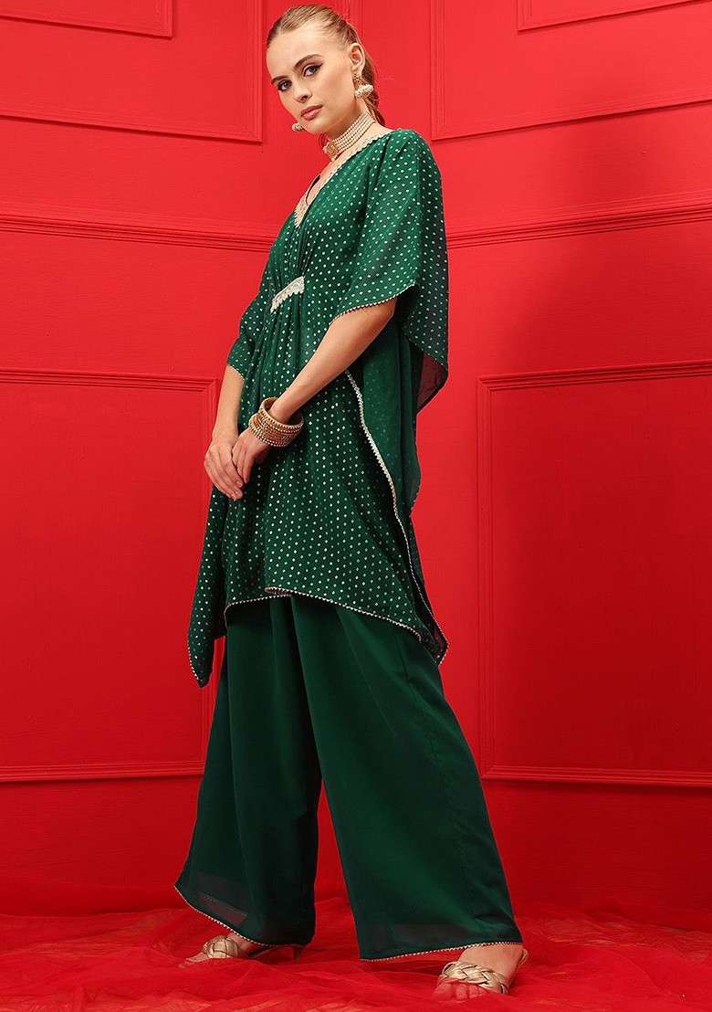 Green Printed Top And Palazoo - Indya