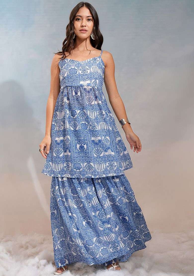 Off White Off White Printed Shoulder Straps Tunic With Sharara - Indya