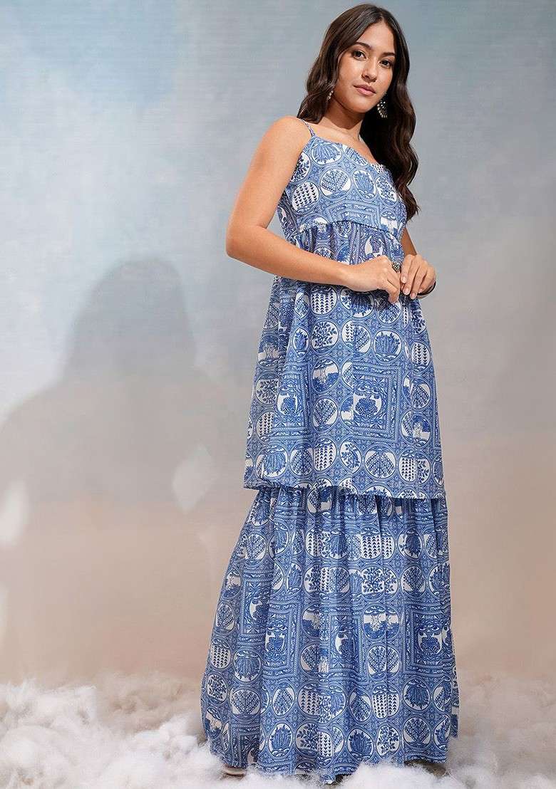 Off White Off White Printed Shoulder Straps Tunic With Sharara - Indya
