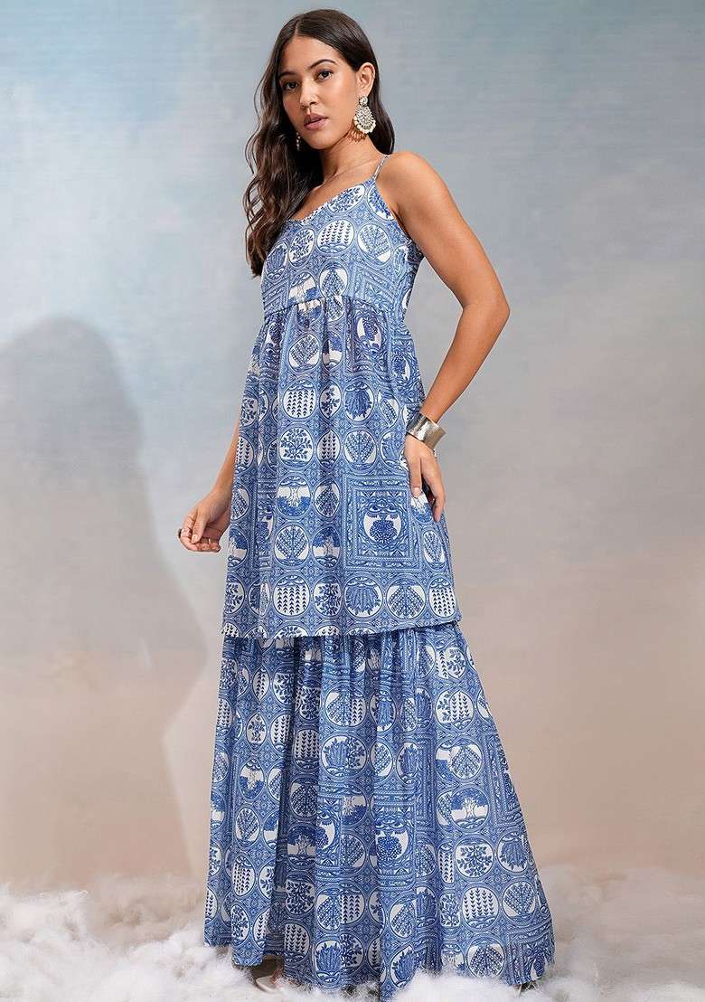 Off White Off White Printed Shoulder Straps Tunic With Sharara - Indya