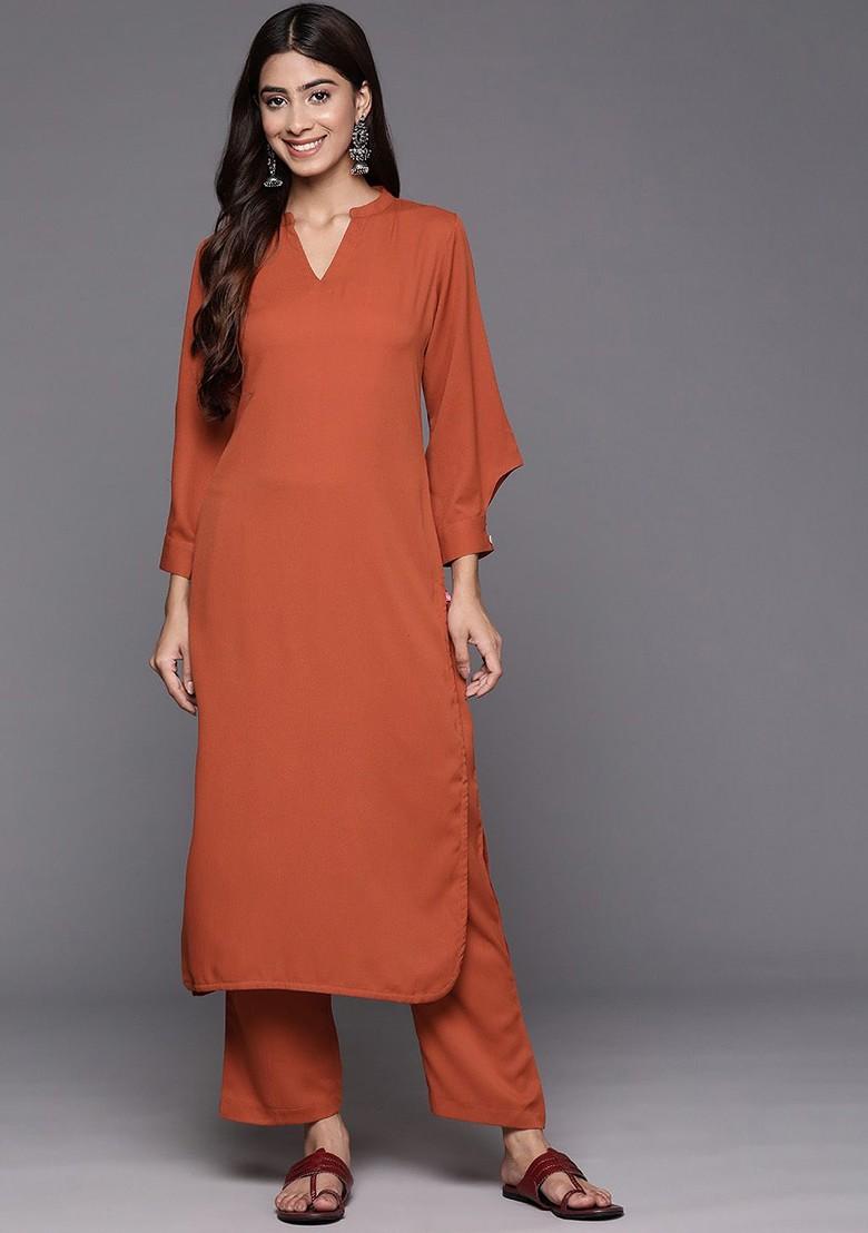 Rust Textured Mandarin Collar Long Sleeves Straight Kurta With Trouser