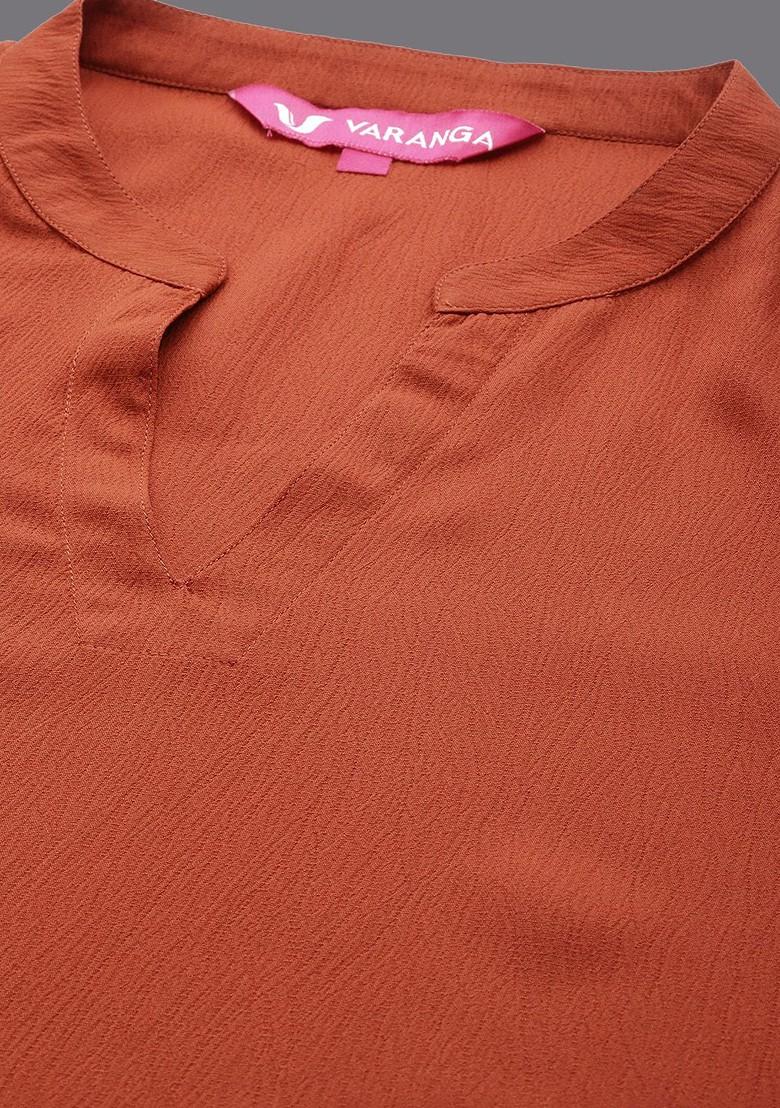 Rust Textured Mandarin Collar Long Sleeves Straight Kurta With Trouser