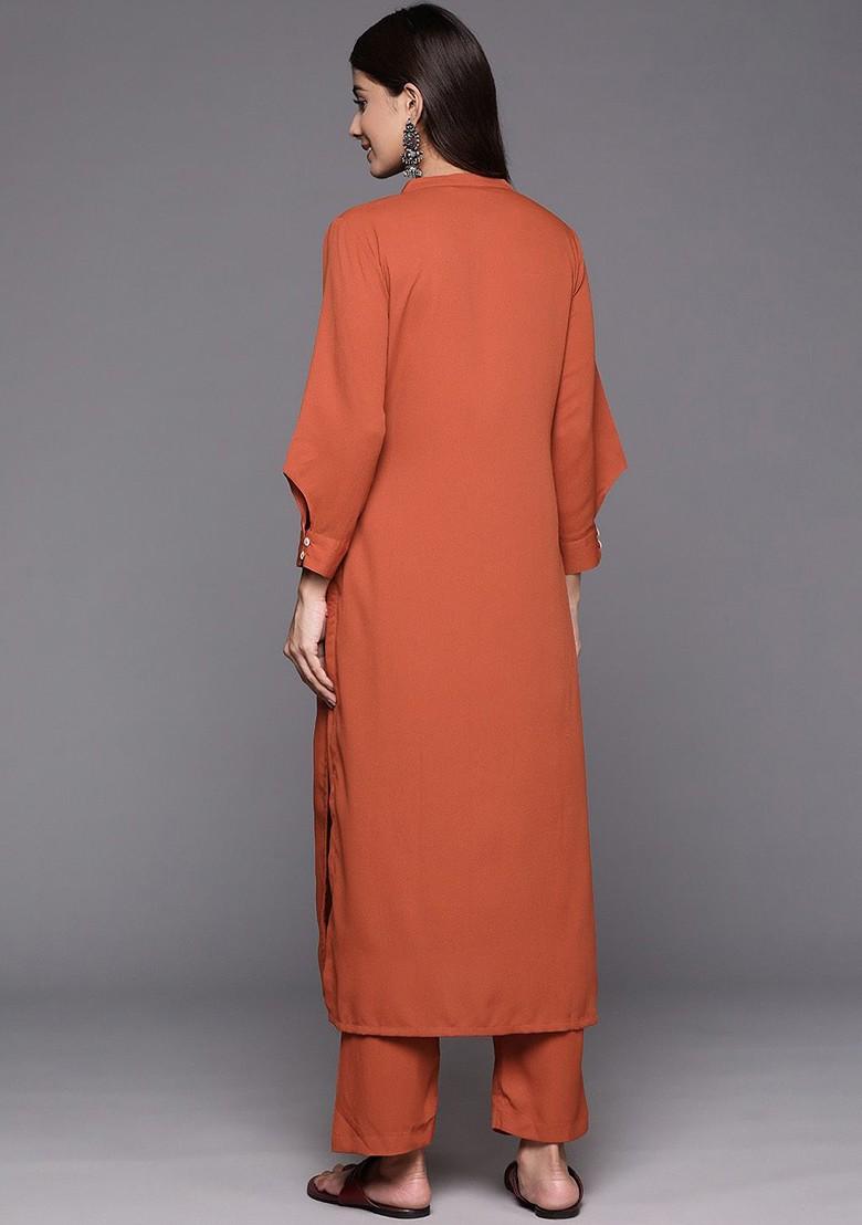 Rust Textured Mandarin Collar Long Sleeves Straight Kurta With Trouser