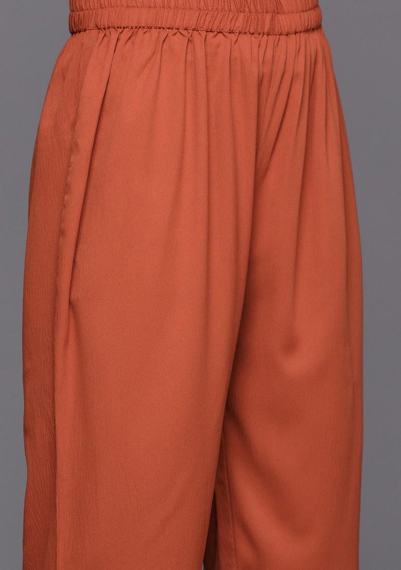 Rust Textured Mandarin Collar Long Sleeves Straight Kurta With Trouser