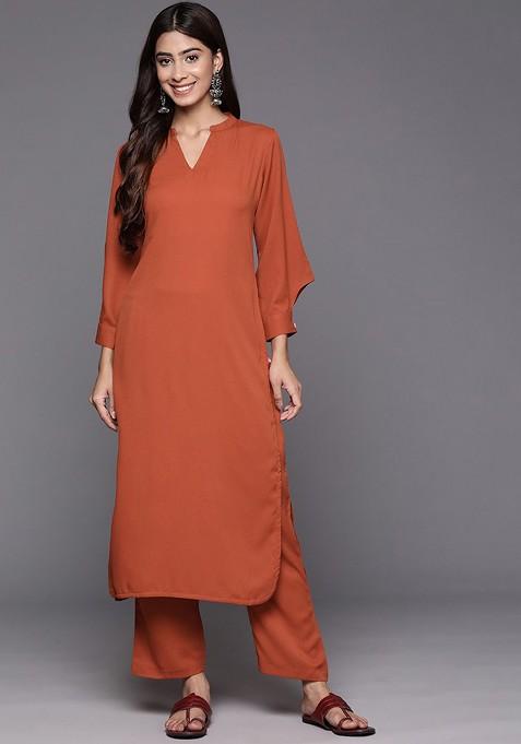 Rust Textured Mandarin Collar Long Sleeves Straight Kurta With Trouser