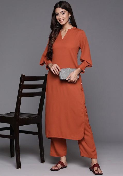 Rust Textured Mandarin Collar Long Sleeves Straight Kurta With Trouser