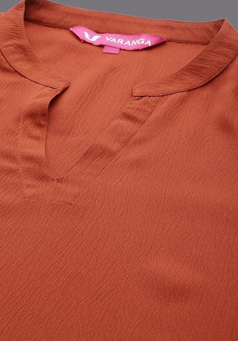 Rust Textured Mandarin Collar Long Sleeves Straight Kurta With Trouser