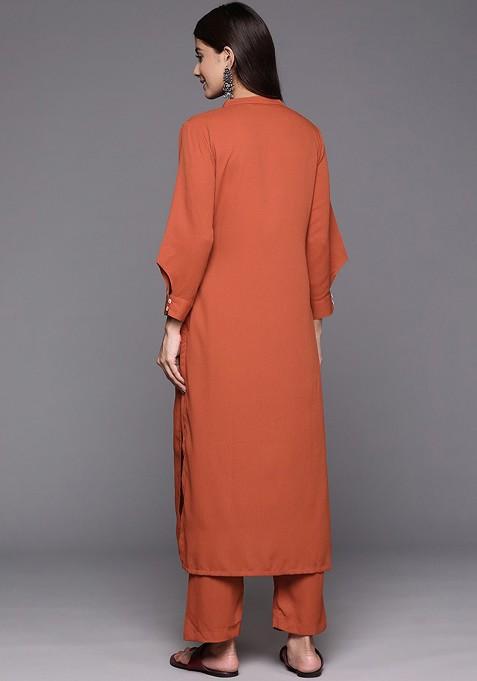 Rust Textured Mandarin Collar Long Sleeves Straight Kurta With Trouser