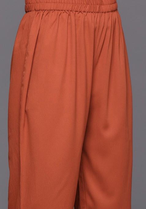 Rust Textured Mandarin Collar Long Sleeves Straight Kurta With Trouser