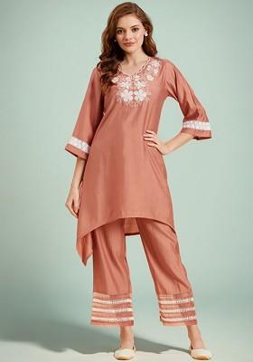 Peach Floral Embroidered Vneck Tunic With Trousers