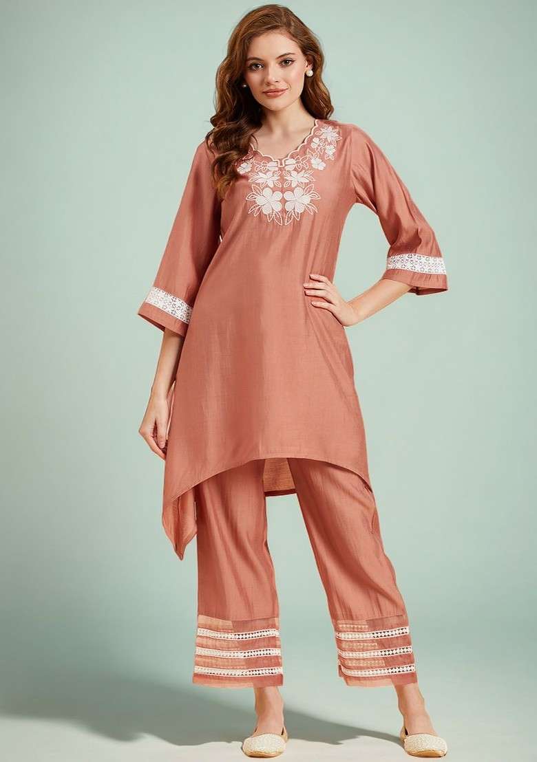 Peach Floral Embroidered Vneck Tunic With Trousers - Indya