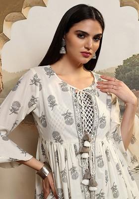 Cream Printed 3Pcs Pure Cotton Coords Set Tunic Outer Jacket Flared Trouser
