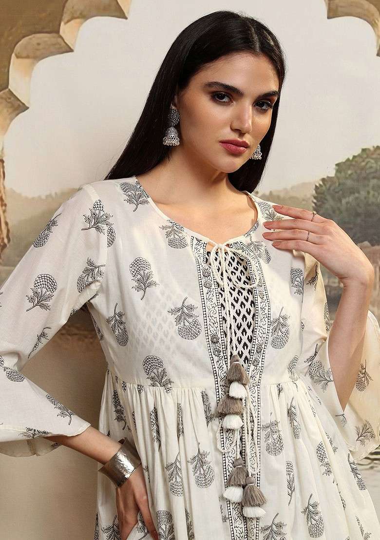 Cream Printed 3Pcs Pure Cotton Coords Set Tunic Outer Jacket Flared Trouser - Indya