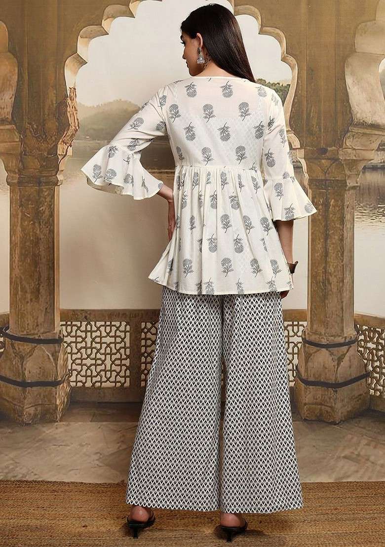 Cream Printed 3Pcs Pure Cotton Coords Set Tunic Outer Jacket Flared Trouser - Indya