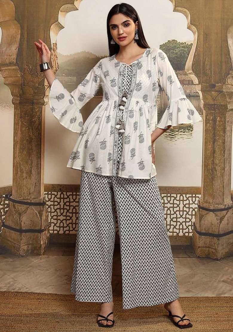 Cream Printed 3Pcs Pure Cotton Coords Set Tunic Outer Jacket Flared Trouser - Indya