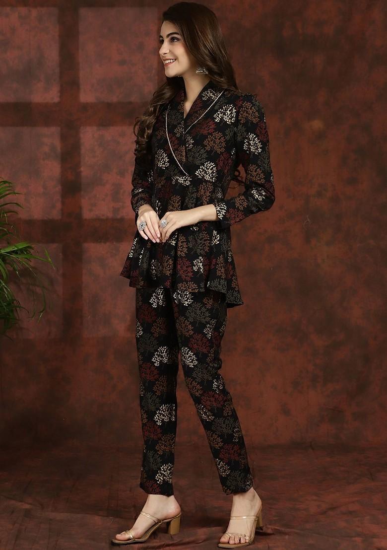 Black Black Ethnic Motifs Printed Vneck Tunic With Flared Trouser Ethnic Coords