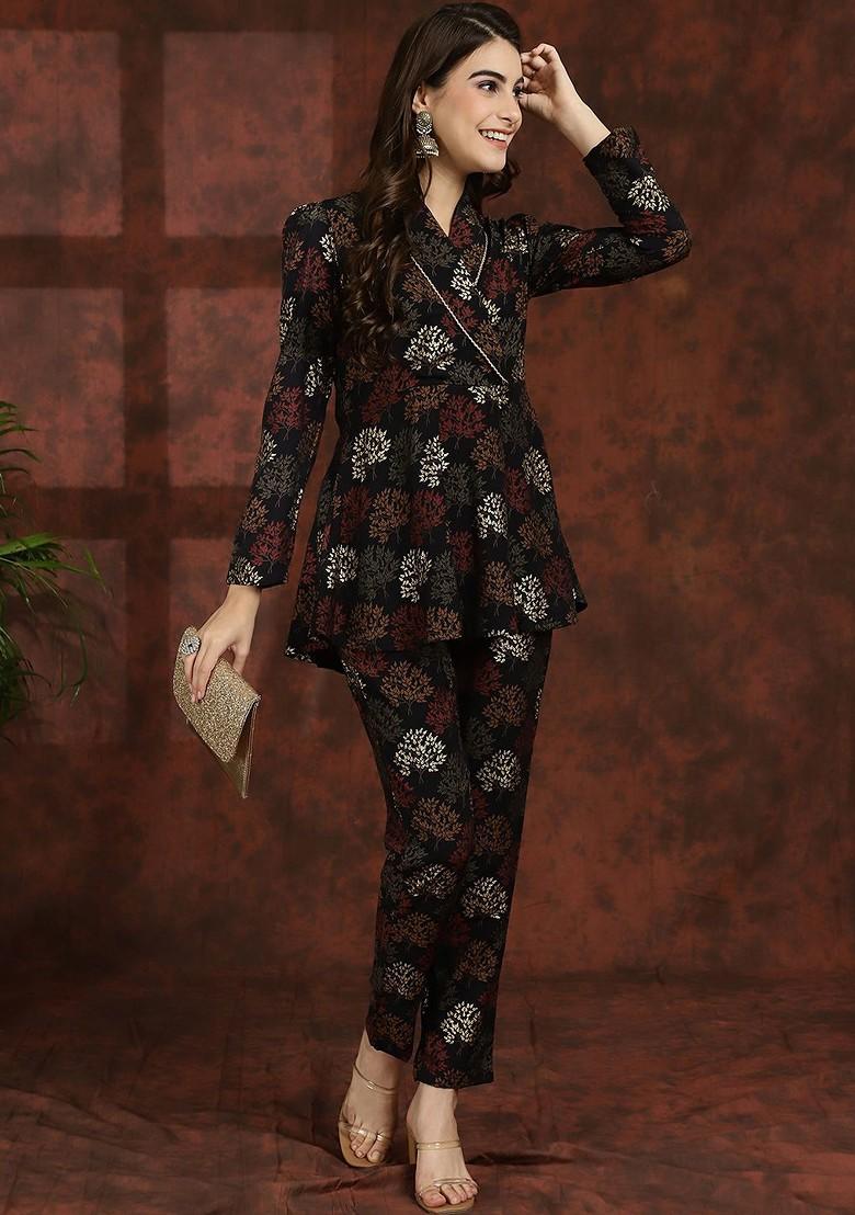 Black Black Ethnic Motifs Printed Vneck Tunic With Flared Trouser Ethnic Coords