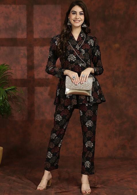 Black Black Ethnic Motifs Printed Vneck Tunic With Flared Trouser Ethnic Coords