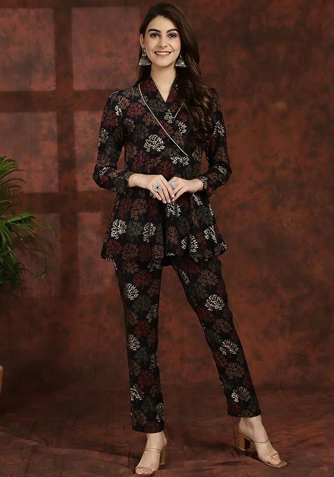 Black Black Ethnic Motifs Printed Vneck Tunic With Flared Trouser Ethnic Coords