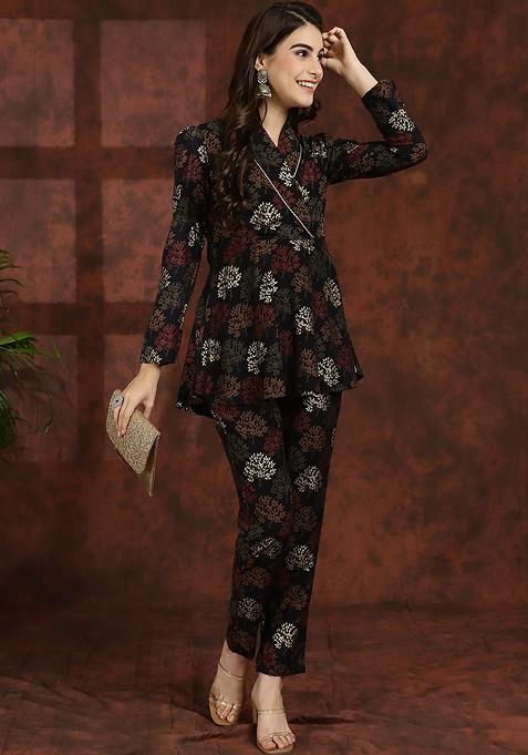 Black Black Ethnic Motifs Printed Vneck Tunic With Flared Trouser Ethnic Coords