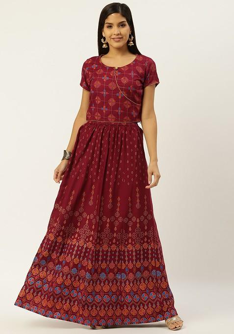 Maroon Omen Maroon And Golden Printed Top Ith Skirt