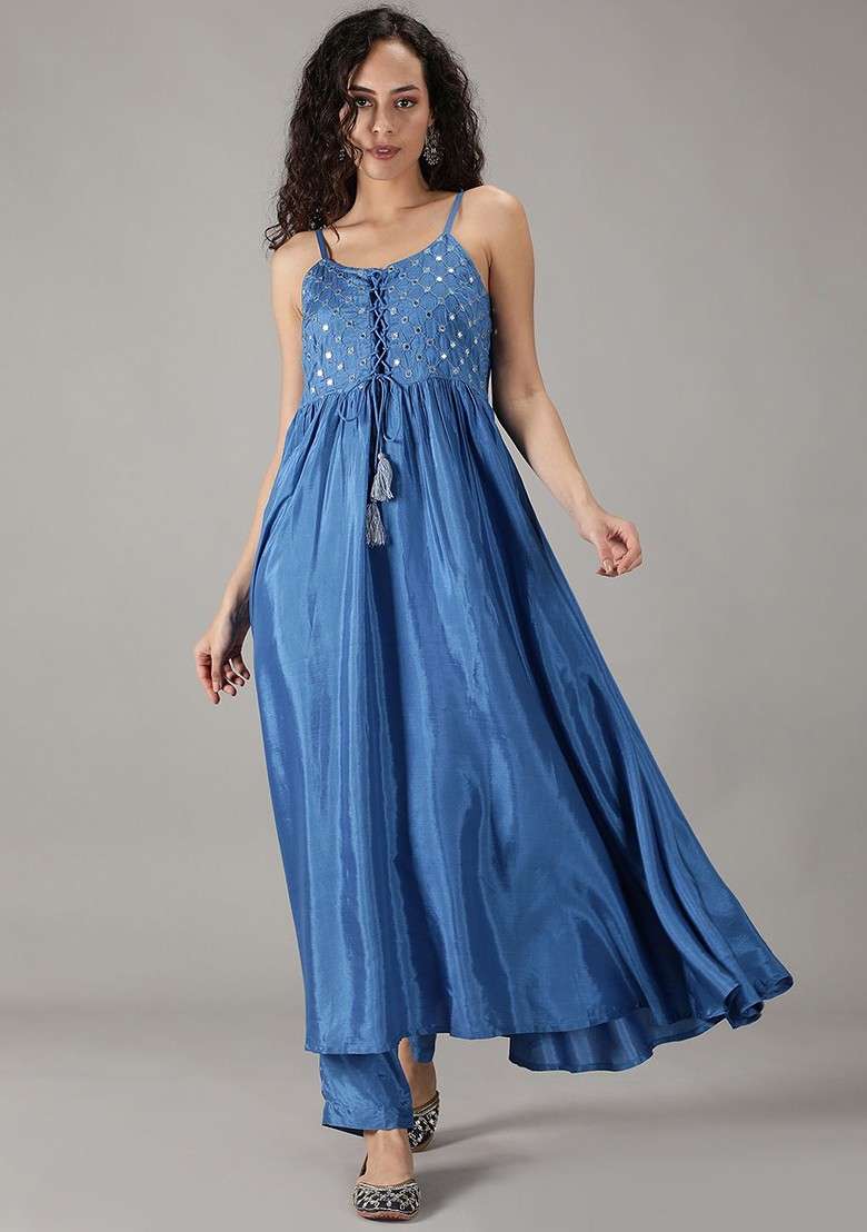 Blue Embroidered Shoulder Straps Tunic With Trouser Coords - Indya