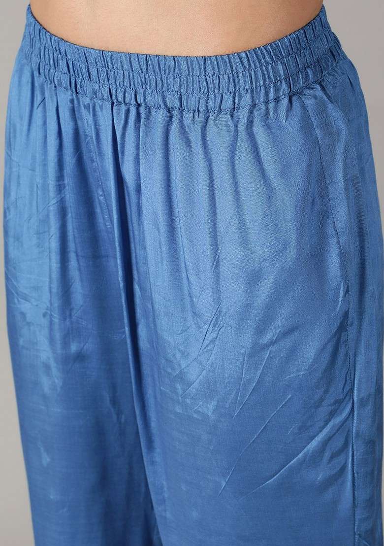 Blue Embroidered Shoulder Straps Tunic With Trouser Coords - Indya