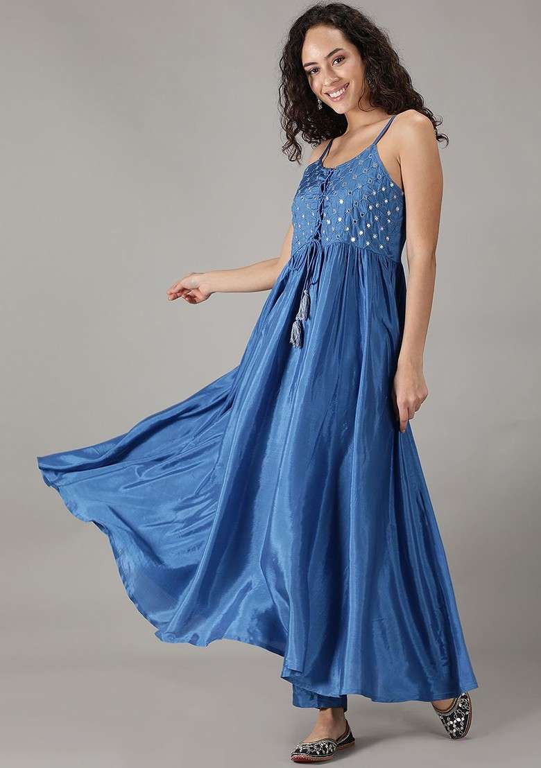Blue Embroidered Shoulder Straps Tunic With Trouser Coords - Indya