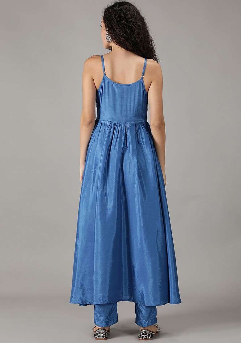 Blue Embroidered Shoulder Straps Tunic With Trouser Coords - Indya