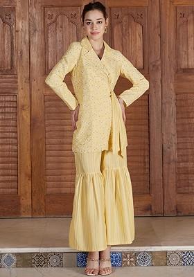 Yellow Women Printed Pure Cotton Side Knotting Sharara Coord Set