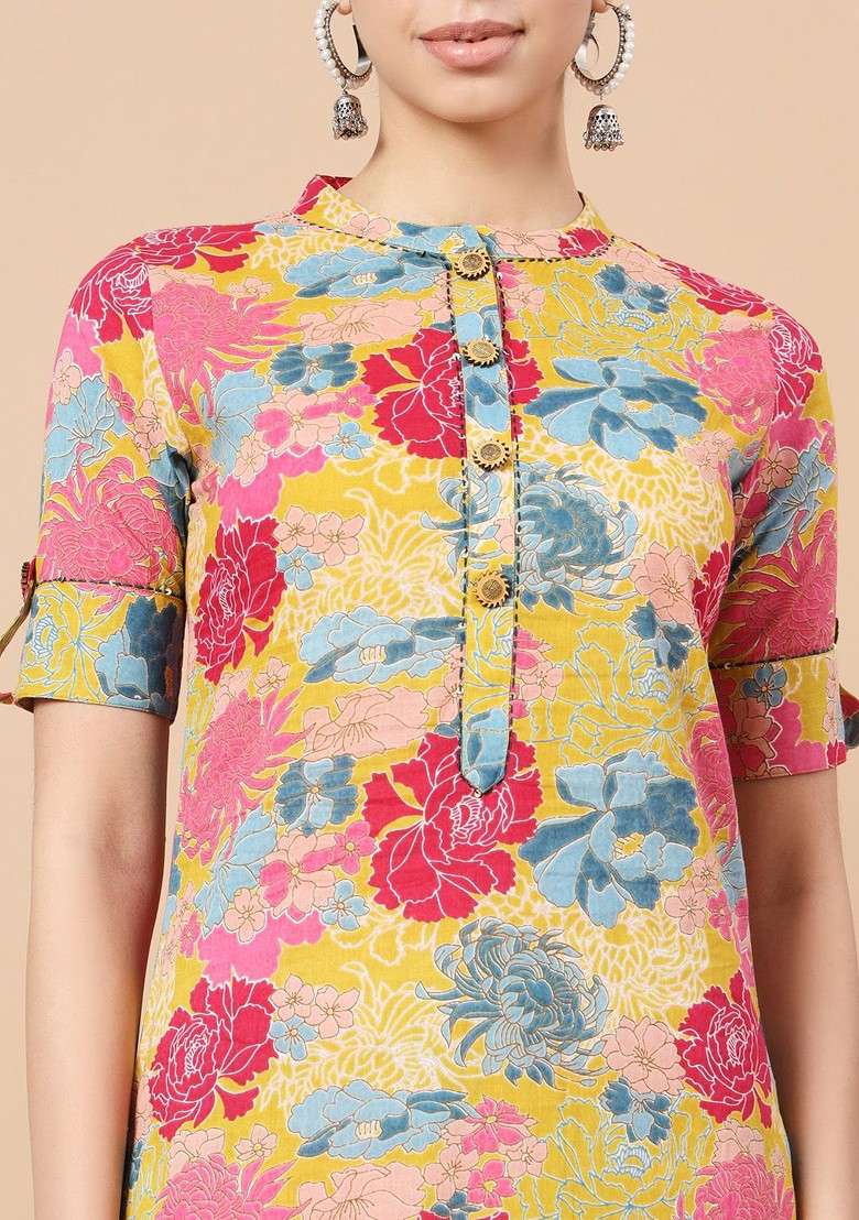 Mustard Floral Printed Mandarin Collar Pure Cotton Tunic With Trouser - Indya