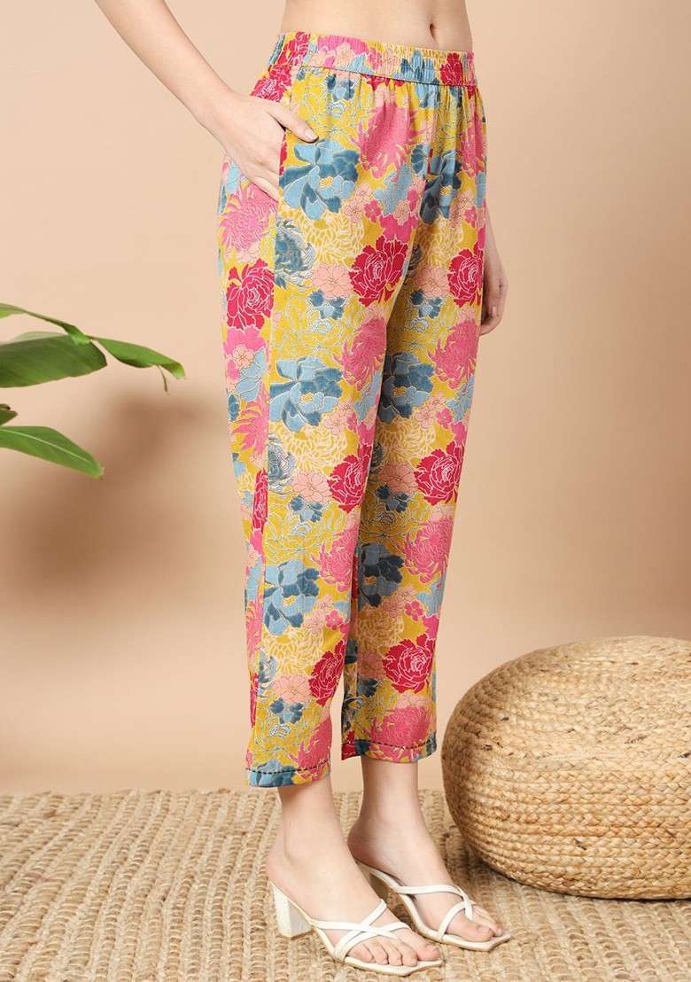 Mustard Floral Printed Mandarin Collar Pure Cotton Tunic With Trouser - Indya