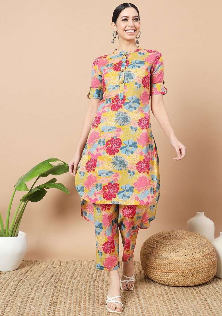 Mustard Floral Printed Mandarin Collar Pure Cotton Tunic With Trouser - Indya