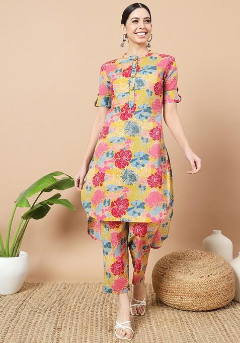 Mustard Floral Printed Mandarin Collar Pure Cotton Tunic With Trouser