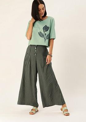 Green Women Green Printed Top With Palazzos