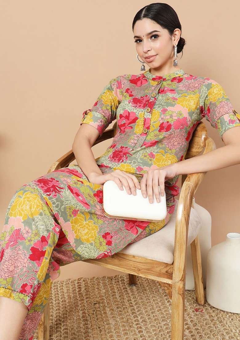 Sea Green Floral Printed Mandarin Collar Pure Cotton Tunic With Trouser - Indya
